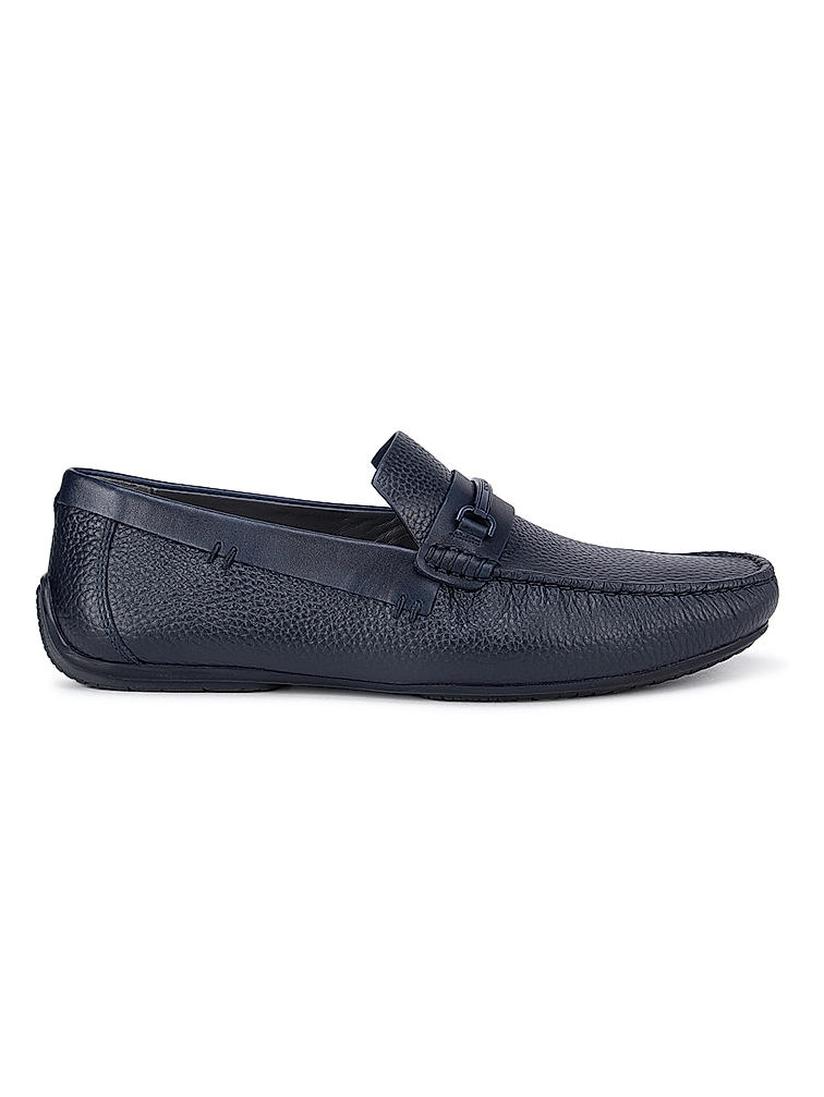 Navy Textured Leather Panel Moccasins